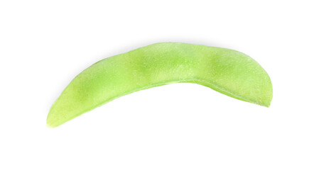 Raw green edamame pod isolated on white, top view