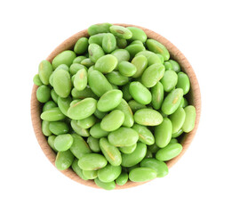 Raw green edamame soybeans in bowl isolated on white, top view