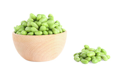 Raw green edamame soybeans in bowl isolated on white
