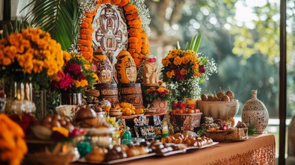 Obraz premium A colorful display of marigolds, sweets, and statues arranged on an altar for Diwali celebrations in a serene outdoor setting.