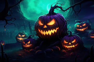 Obraz premium Halloween pumpkins in a field with a full moon in the background