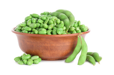 Raw green edamame soybeans and pods isolated on white