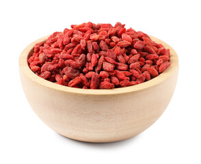 Dried goji berries in bowl isolated on white