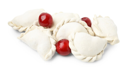 Frozen dumplings (varenyky) and fresh cherries isolated on white. Ukrainian cuisine