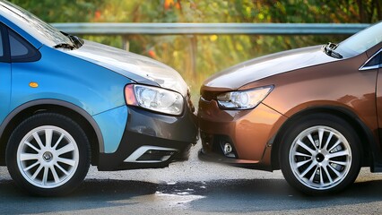 Car accident, two bumpers close-up. Two cars collided on the road.