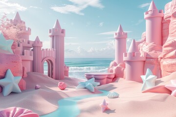 Dreamy Geometric Sandcastle Designs in a Serene Pastel Beach Setting