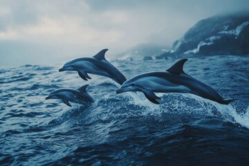 Fototapeta premium Dolphins leaping from ocean