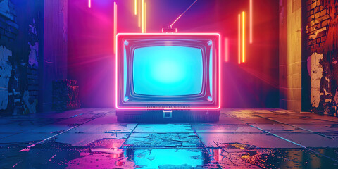 Antique TV on a neon background