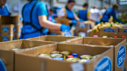 Volunteers organizing canned goods in a community food bank.