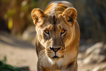 Naklejka premium A lion is walking on a path with its head held high