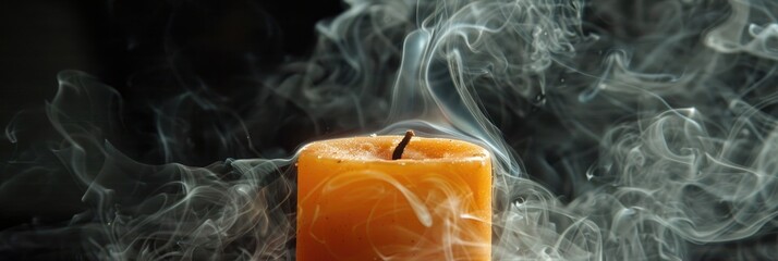 Newly snuffed beeswax pillar candle emitting swirling wisps of smoke
