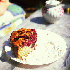 a close-up of a partially eaten slice of cake, featuring a golden-brown crust with a rich berry filling, film scan