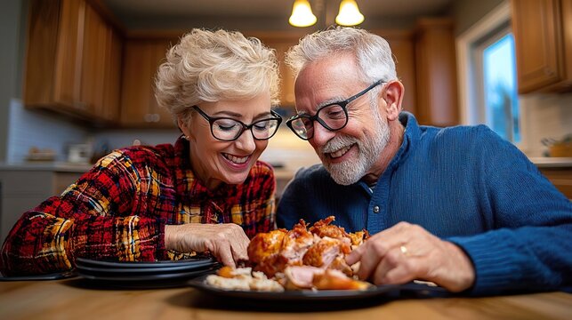 Happy senior couple enjoying a delicious meal together.