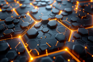Fototapeta premium Abstract futuristic hi-tech pattern of hexagonal tiles illuminated with orange lights. Hexagons creates advanced technology or digital interface for background.