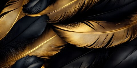 A close up of feathers with gold and black colors. The feathers are arranged in a way that creates a sense of depth and texture. Concept of elegance and sophistication, as the gold