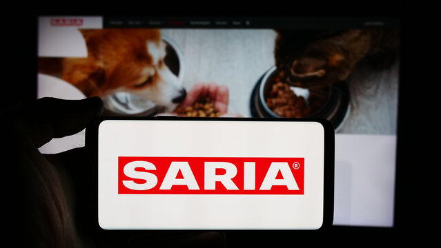 Stuttgart, Germany - 08-06-2024: Person holding cellphone with logo of German food service company Saria AS GmbH Co. KG in front of business webpage. Focus on phone display.