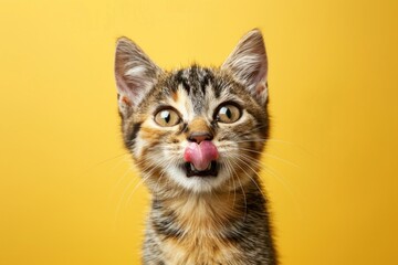 Obraz premium A kitten with a pink tongue is looking at the camera. The kitten has a playful and curious expression on its face