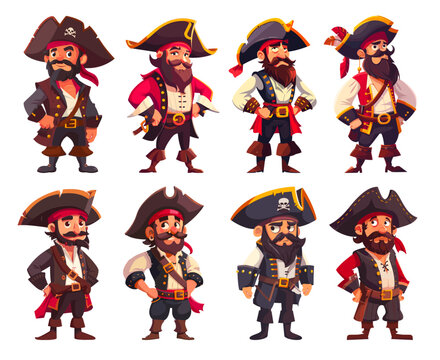 Cartoon pirates. Pirate male characters buccaneers corsairs sailor captains in hat costumes and beard seadog mascot set vector illustration