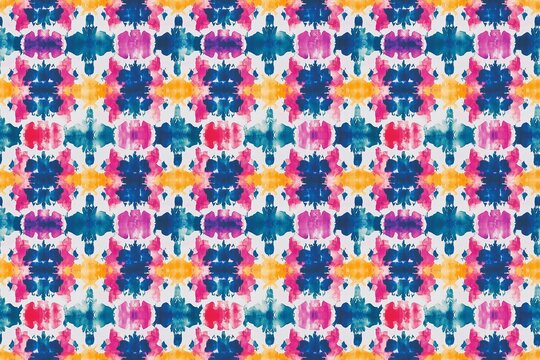 Colorful shibori textile pattern with a modern twist, featuring a vibrant array of shapes and bold dyes