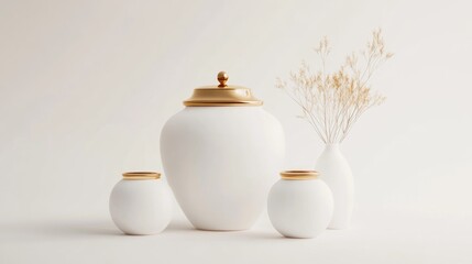 White ceramic vases with gold accents