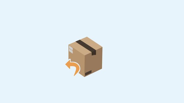 Brown box appearing on screen. Return arrow icon in the right corner. Return a package animation. Blue background.