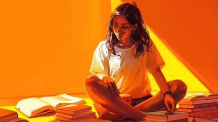 Studious Schoolgirl with Glasses Reading Books on a Bright Orange Background - Education and Learning Concept