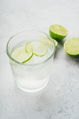 High angle view of mineral water drink in glass on table
