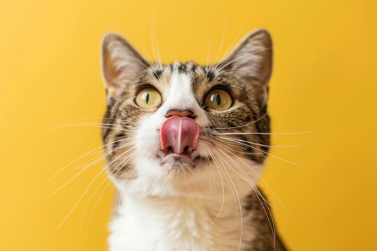 The cat licks itself after eating and looks at the camera. The cat is on a yellow background.