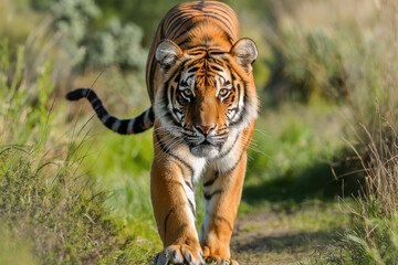 Fototapeta premium A tiger is walking through a grassy field