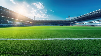Empty nobody soccer stadium field with blue sky, soccer background