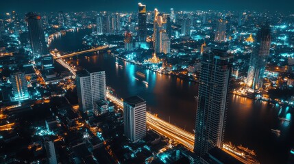 Fototapeta premium Nighttime Aerial View of Bangkok Skyline