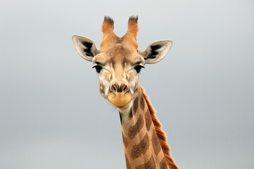 Obraz premium A giraffe is looking at the camera with its mouth open