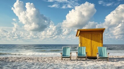 Beachfront Relaxation with a Yellow Hut and Azure Sky