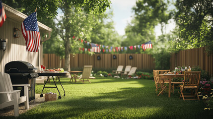 Backyard BBQ with American Flags and Festive Decorations