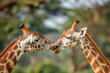 Fototapeta premium Two giraffes are kissing each other