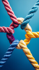 Team building and team strengthening concept symbolised with colorful ropes, created with generative AI technology