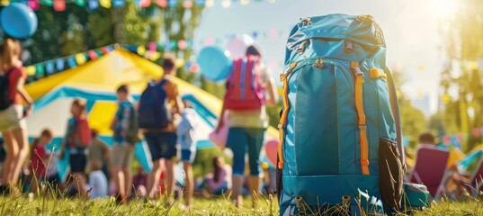 Outdoor School Festival: Students with Backpacks under Bright Sky, Perfect for Print and Posters