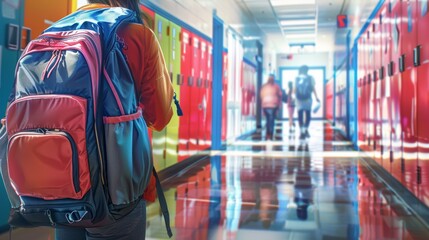 Naklejka premium Colorful Backpack in Vibrant School Hallway with Students Passing By for Back-to-School Theme