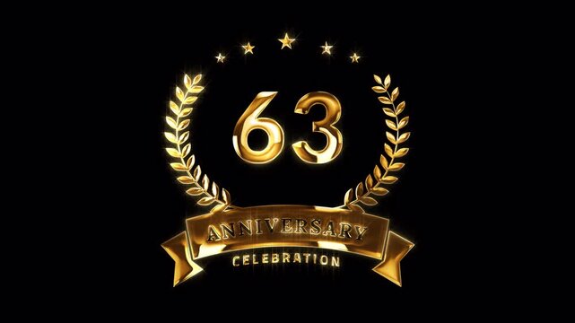 63rd Anniversary Celebration. Happy 63 Years Anniversary Animation in Gold Color on the Transparent Background, Alpha Channel. Great for greetings, celebrations, events, and gifts.