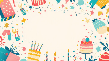 Colorful birthday party background with gifts, cakes and candles forming a frame with space for your greeting text