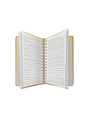 Blank Notebook Open: A pristine, lined notebook with a tan cover, open to a fresh, blank page, ready for thoughts, ideas, and stories to be written.  