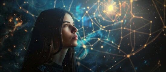 A young woman astrologer against the backdrop of a cosmic landscape reminiscent of a starry sky. Glowing lines and dots form complex patterns around it