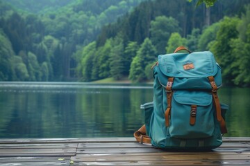 Obraz premium Eco-Friendly School Backpack Displayed on Wooden Deck by a Serene Lakeside