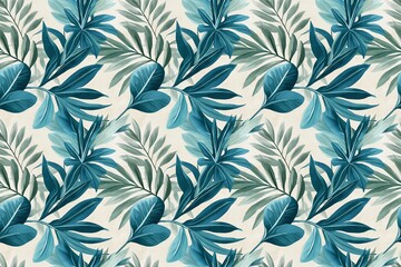 Vintage-style serene tropical leaf prints in shades of green and blue on a beige background