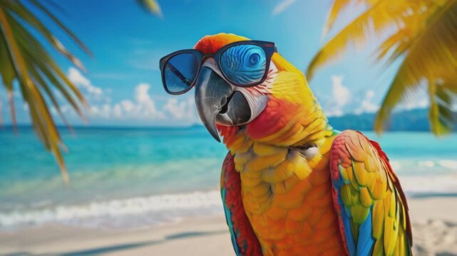 Colorful parrot with sunglasses on tropical beach, showcasing vibrant wildlife and summer vibes