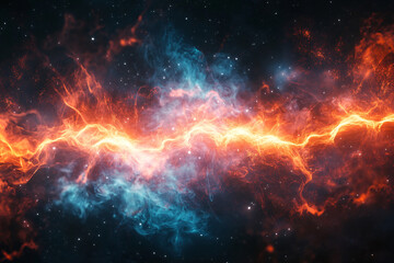 dramatic visualization of fiery cosmic energy with vibrant orange and blue colors creating a powerful, electrifying effect