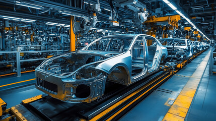 Illuminated factory housing a state of the art car assembly line, highlighting advanced technology and automation in the automotive sector