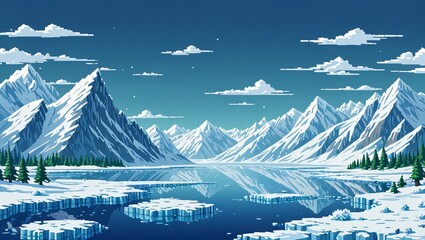 Arctic Pixel Art Landscape with Icy Terrain Background