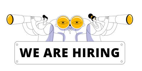 Three characters with binoculars and a telescope are looking for the necessary personnel. Horizontal banner template. We are hiring.