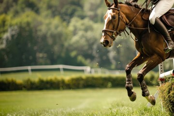 Dynamic Steeplechase Race with Horse Jumping Over Hurdle on Lush Green Course Under Clouded Sky
